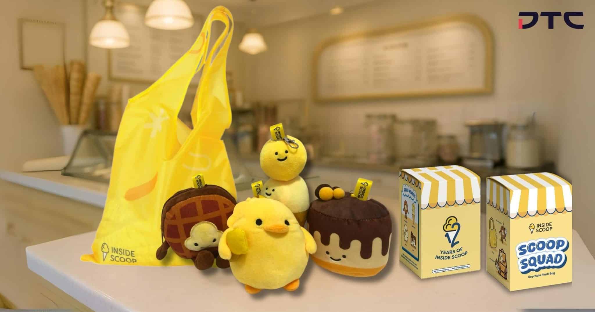 Inside Scoop Scoop Squad custom plush keychain with foldable tote bag by DTC World