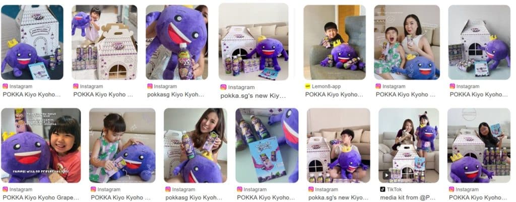 Google search results showing creator posts of the Pokka Kiyo custom plush and house-shaped PR box.