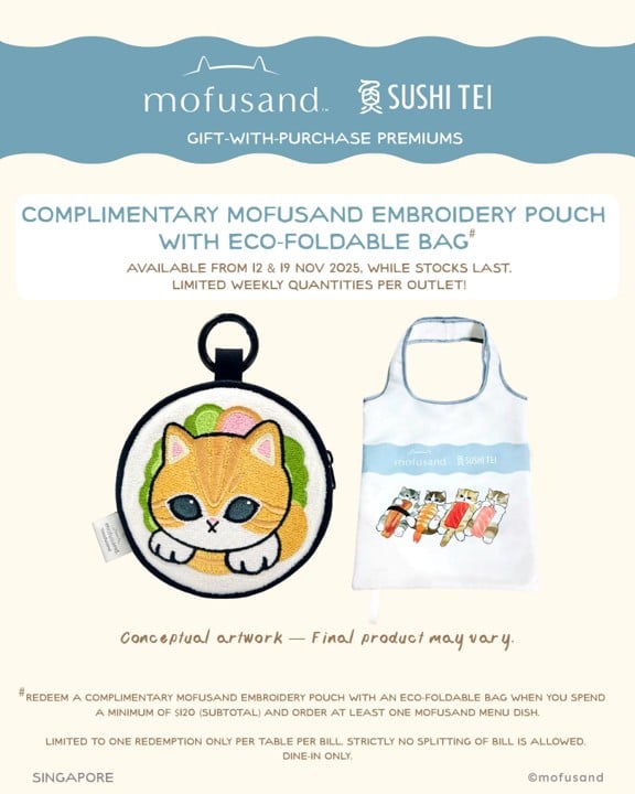 Sushi Tei Mofusand licensed embroidery pouch with foldable eco bag - 1st design