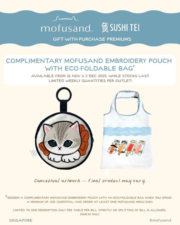 Sushi Tei Mofusand licensed embroidery pouch with foldable eco bag - 2nd design