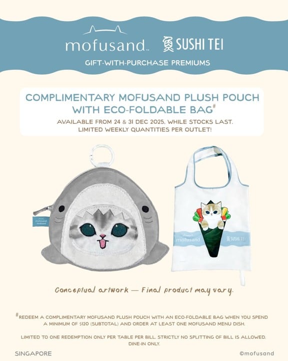 Sushi Tei Mofusand licensed embroidery pouch with foldable eco bag - 4th design