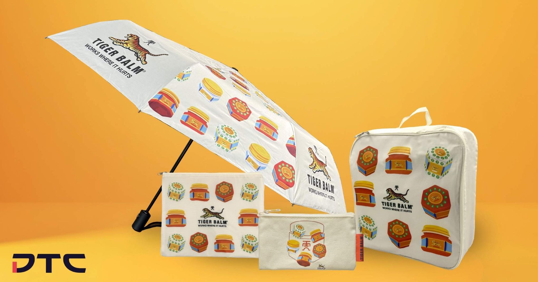 Tiger Balm SG60 branded merchandise – travel pouch set and foldable umbrella at Changi Airport pop-up