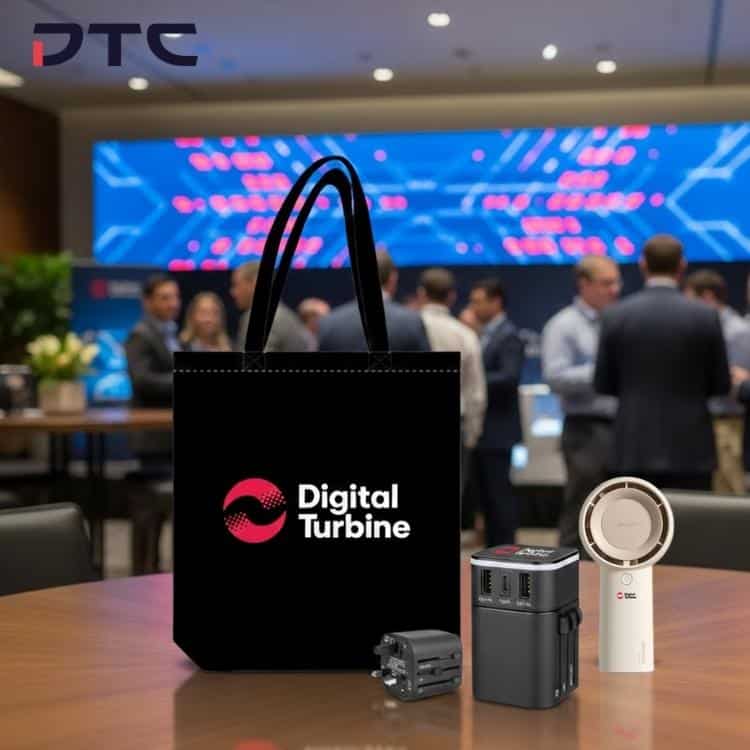 Corporate event gift set including tote bag, travel adapter and portable fan arranged for executive use