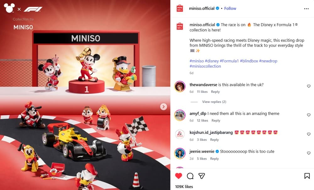 Disney x F1 x Miniso collaboration showcasing blind box collectibles and in-store retail experience in APAC