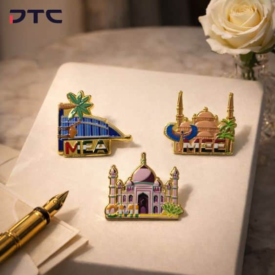 Midea landmark enamel pins from MIRACO regional gift set displayed on table