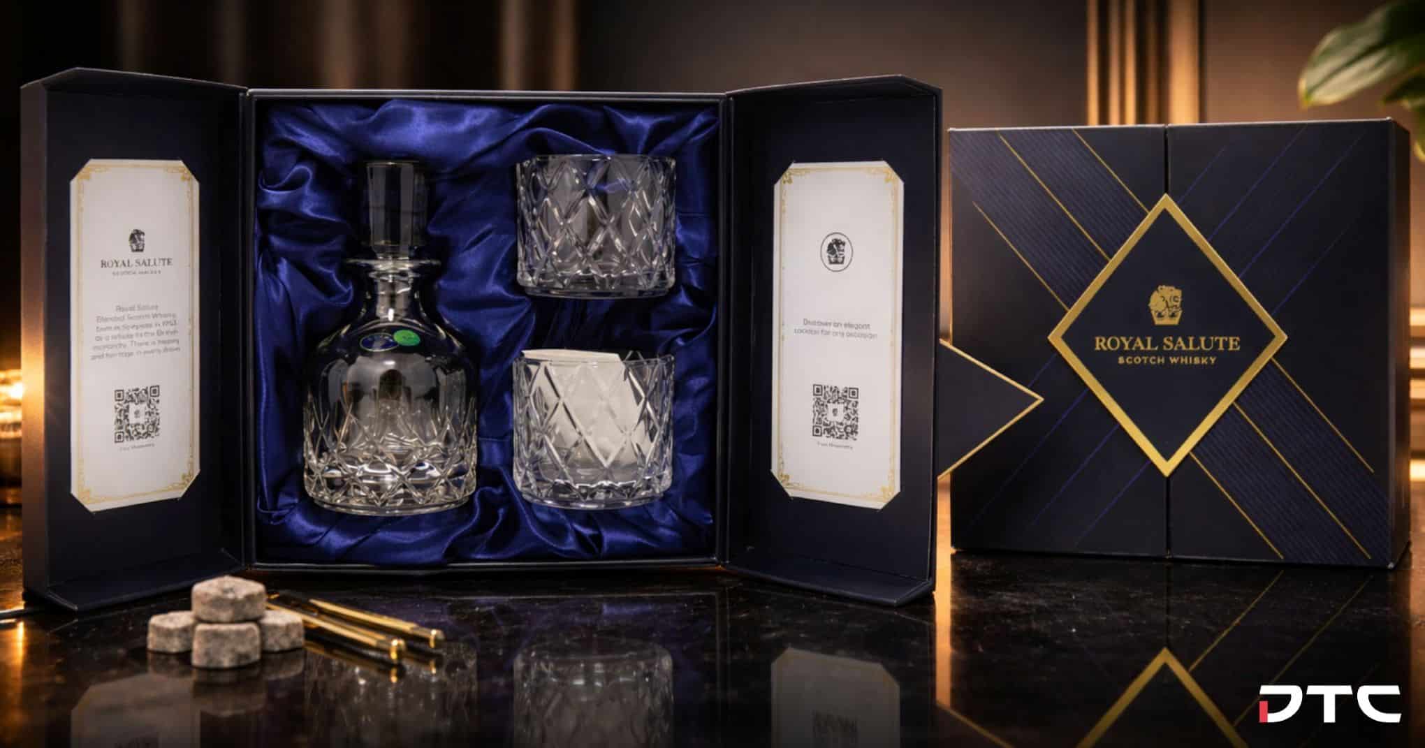 Royal Salute decanter gift set premium branding merchandise with custom gift box and glassware
