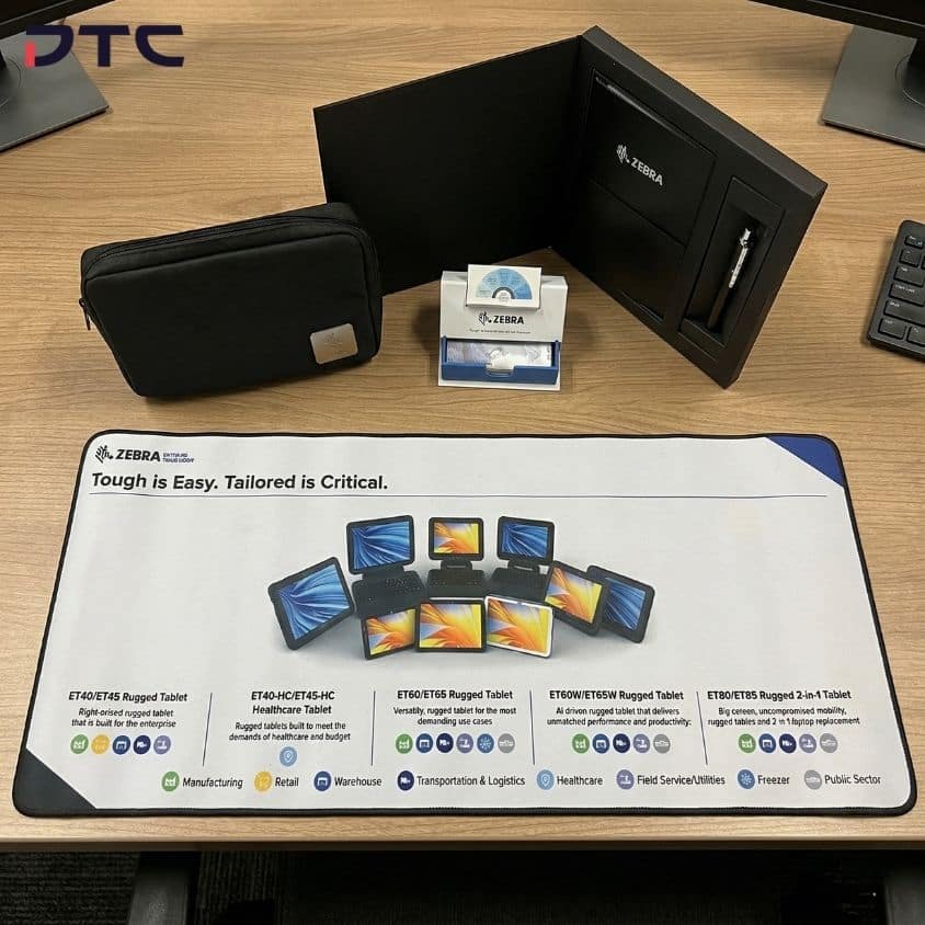 Zebra Technologies notebook with pen and desk mat for custom corporate gifting