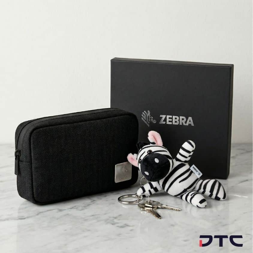 Zebra Technologies branded gift set with pouch and custom plushie keychain for corporate gifting