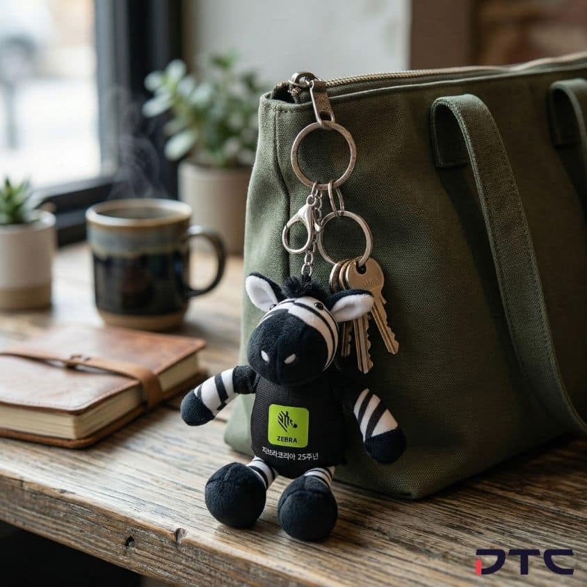 Custom Zebra Technologies plushie keychain for corporate event gifts and branded merchandise