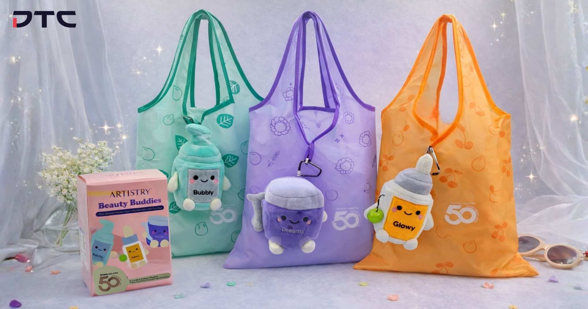 Custom plush and foldable bag promotional merchandise produced for ARTISTRY Beauty Buddies campaign