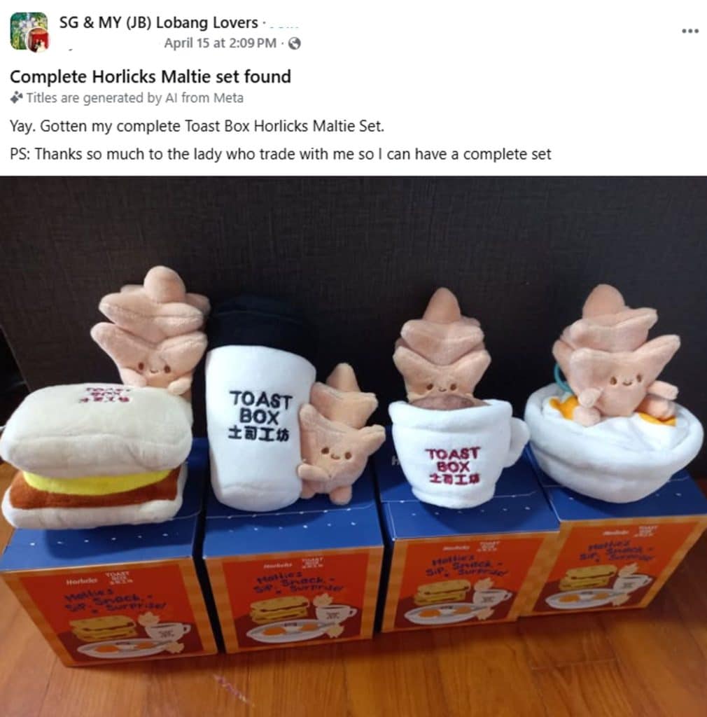 Social media post sharing the full sets of Toast Box x Horlicks plushies