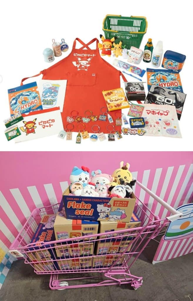 Pokémon Pika Pika Mart licensed merchandise and Chiikawa x Sanrio supermarket concept licensed merchandise displays