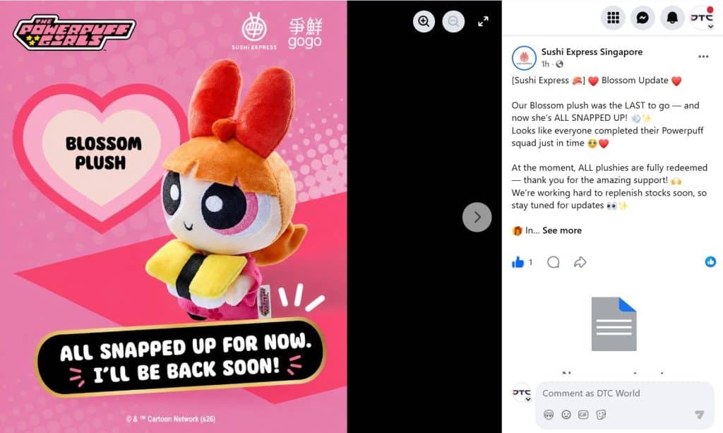 Powerpuff Girls plush merchandise fully redeemed at Sushi Express Singapore campaign. credits: Sushi Express Singapore