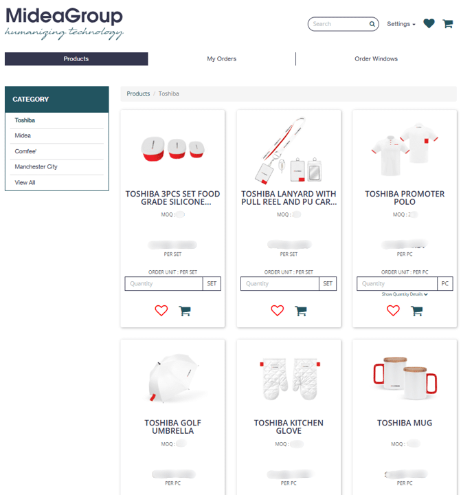Midea global merchandise portal interface for multi-market merchandise management