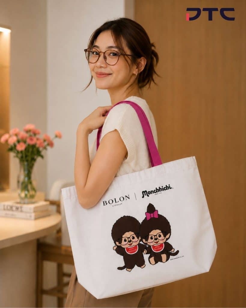 BOLON eyewear Monchhichi gift-with-purchase tote bag in everyday use
