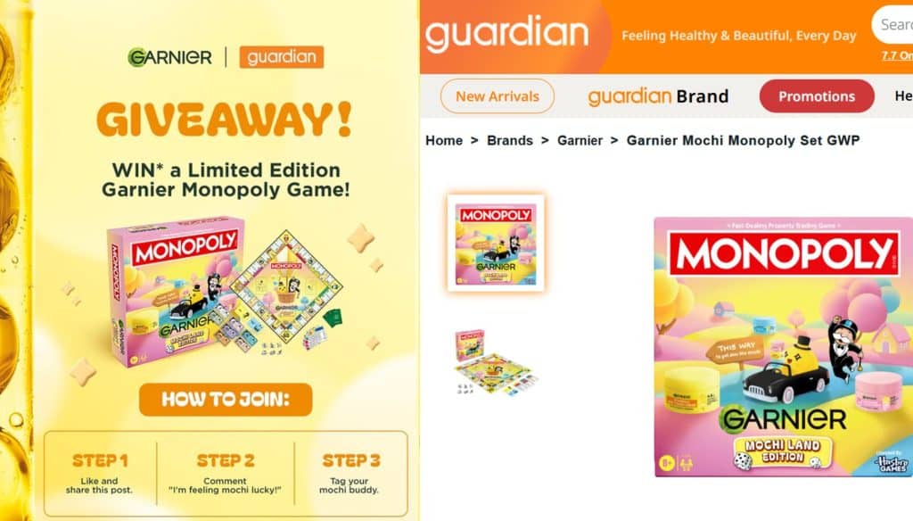 Garnier × Monopoly board game used as a retail redemption reward at Guardian in Singapore