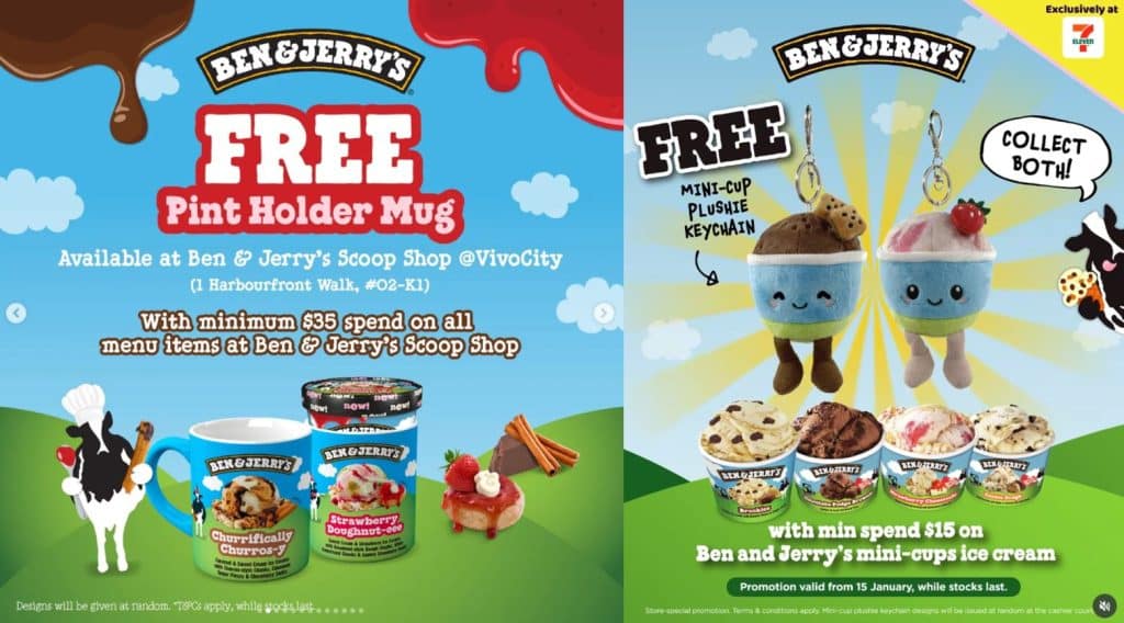 Ben & Jerry's ice cream brand merchandise including plush keychains and pint holder mugs