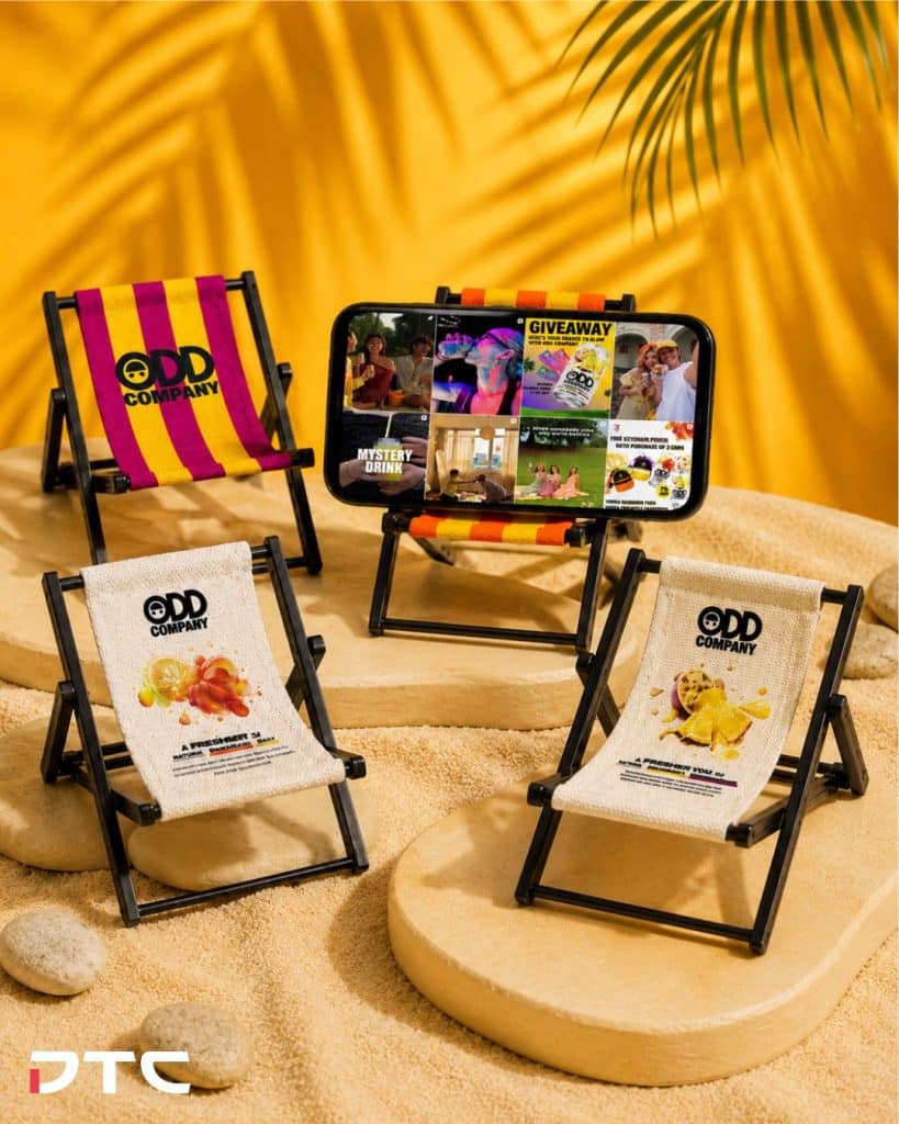 Mini beach-chair phone stand merchandise produced for Odd Company Singapore