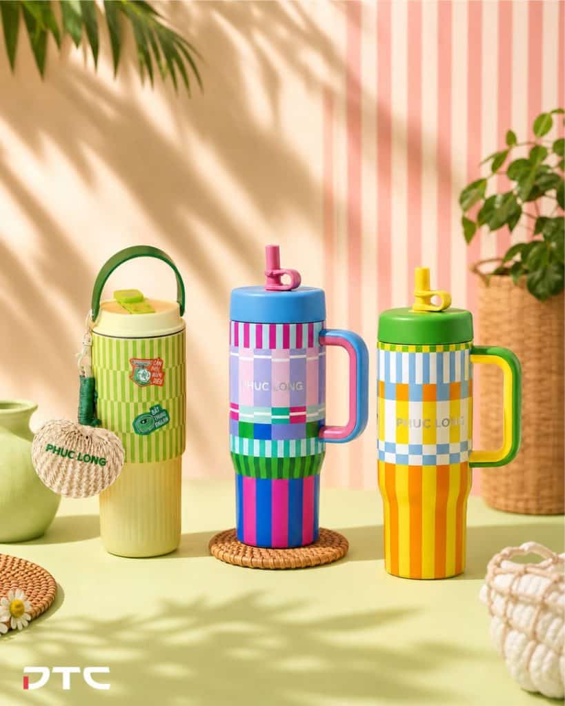 Three Phuc Long custom thermal bottle designs produced across two summer merchandise drops
