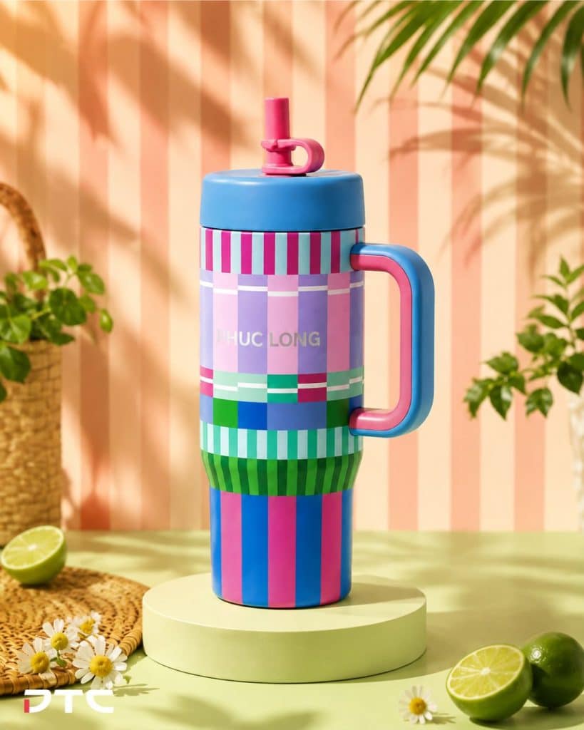 Phuc Long 650ml Blue-Purple checked thermal bottle produced by DTC World Vietnam