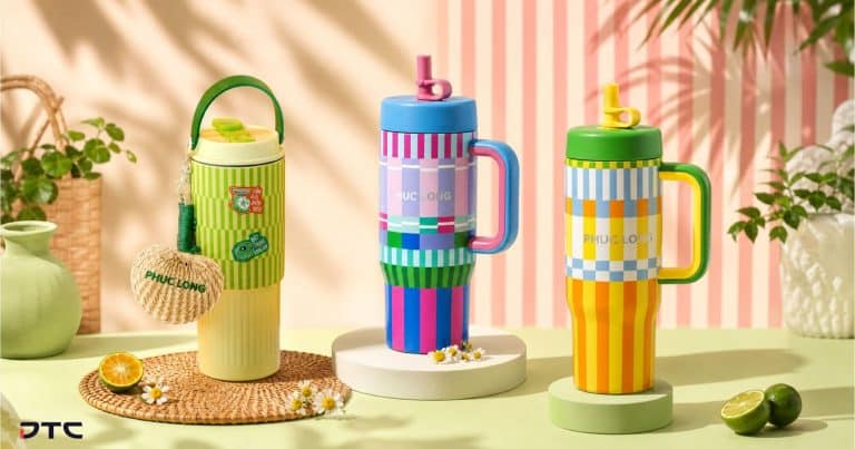 Custom Phuc Long drinkware produced by DTC World Vietnam for promotions