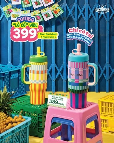 Custom green and yellow Phuc Long thermal bottle for a summer drink combo promotion