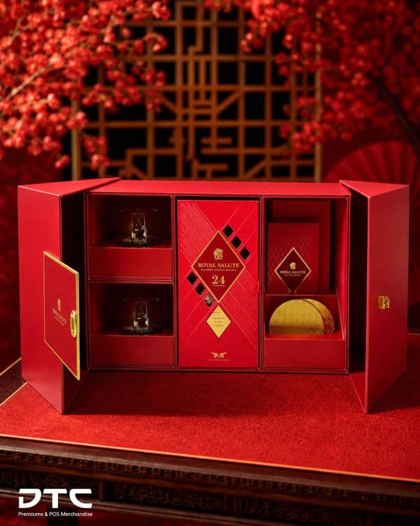 Royal Salute Chinese New Year gift box opened to show whisky, glassware and red packets