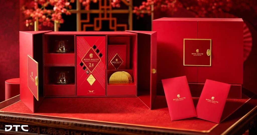 Royal Salute Chinese New Year gift set with custom gift box, whisky glass and red packets