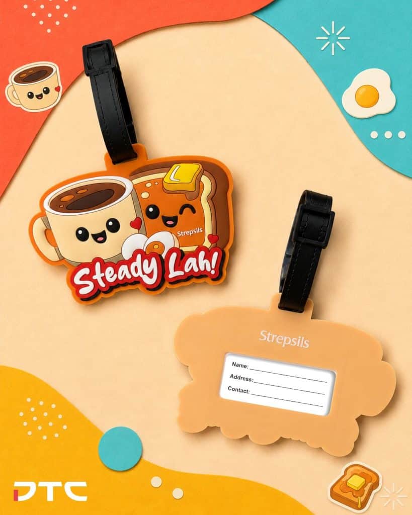 Strepsils coffee and toast luggage tag featuring a Singlish-inspired tagline