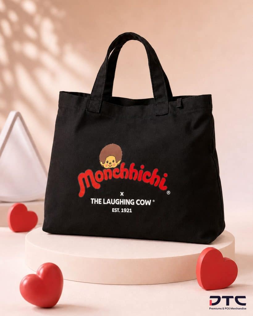 The Laughing Cow × Monchhichi reusable tote bag from the licensed gift-with-purchase collection