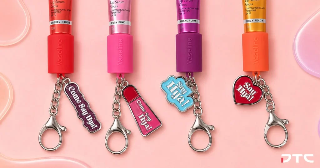 Vaseline Gluta-Hya lip gloss keychains in four colour designs